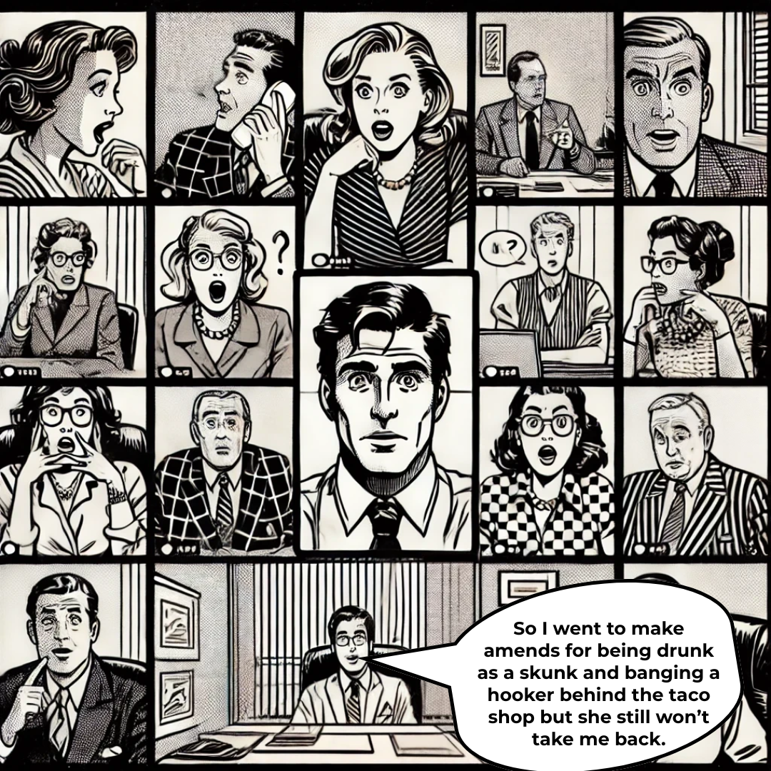 Comic: Tom logs into the wrong Zoom meeting and the Oak Park PTA forevermore mandates passwords.