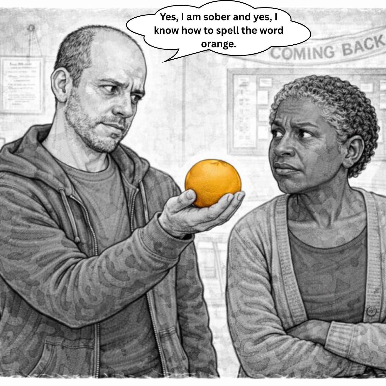 Comic: Collin wonders if his probation officer means orange like the fruit or orange like the color, and the tab of acid he took is not helping whatsoever.