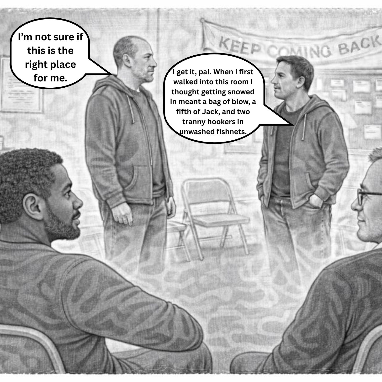 Comic: Tim and John wonder whether allowing Mitch to greet the newcomers is really the best idea.